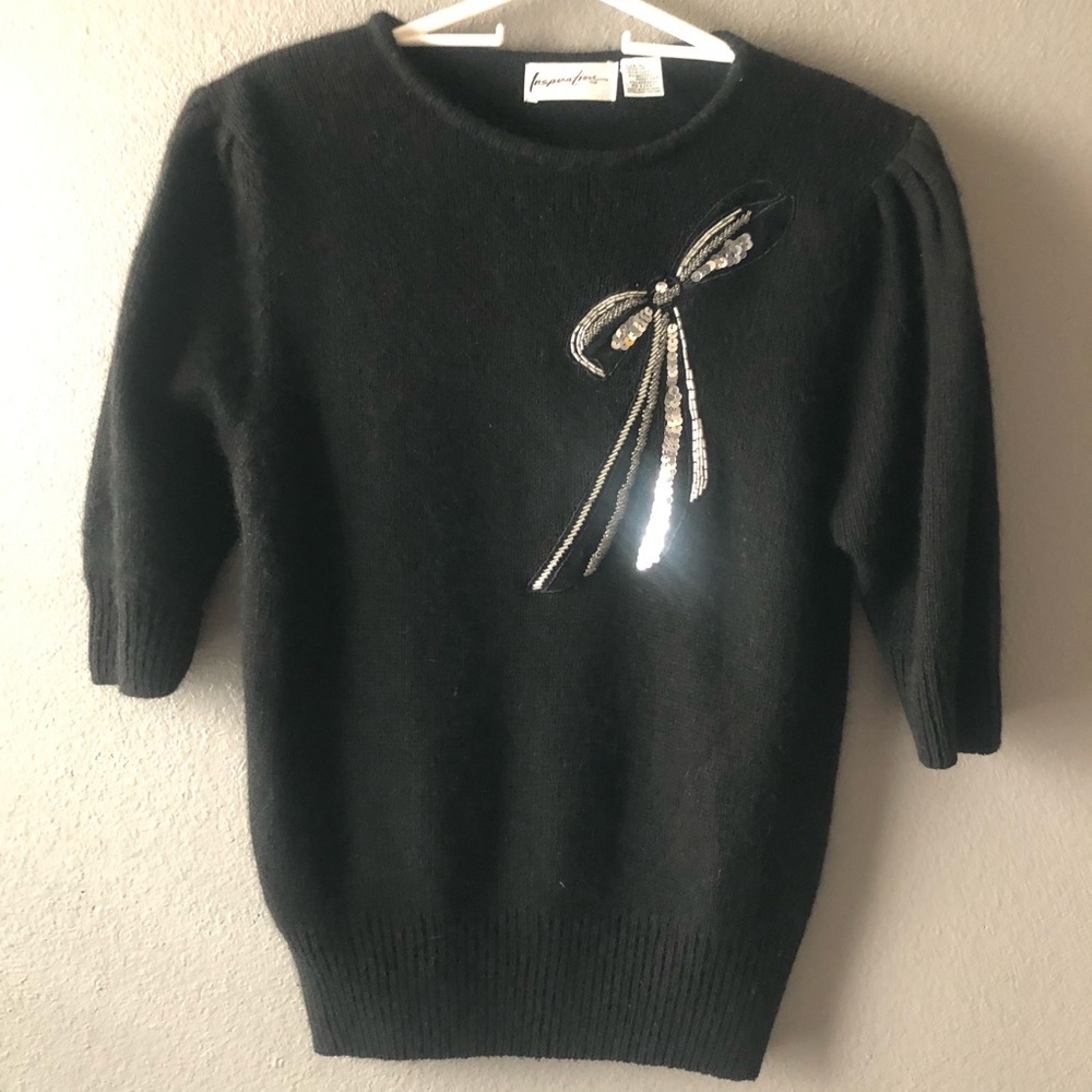 Inspiration Brand Silk & Angora SZ Large Black sequin detailed Black Cap sleeve